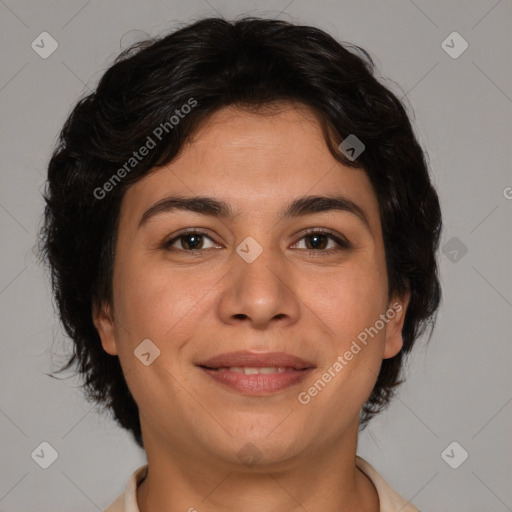 Joyful white adult female with medium  brown hair and brown eyes