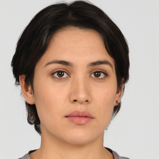 Neutral asian young-adult female with medium  brown hair and brown eyes