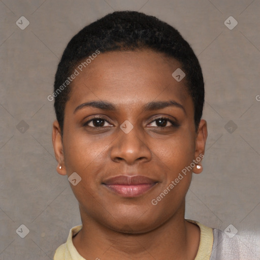 Joyful black young-adult female with short  brown hair and brown eyes