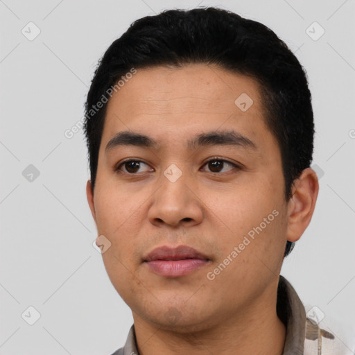 Neutral asian young-adult male with short  black hair and brown eyes