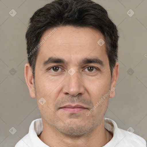 Neutral white adult male with short  brown hair and brown eyes