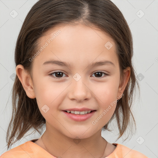 Joyful white child female with medium  brown hair and brown eyes