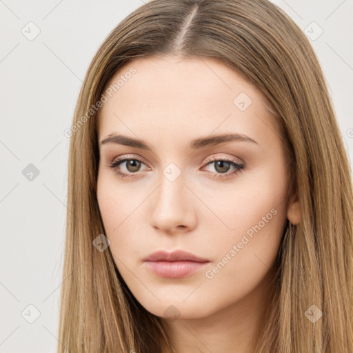 Neutral white young-adult female with long  brown hair and brown eyes