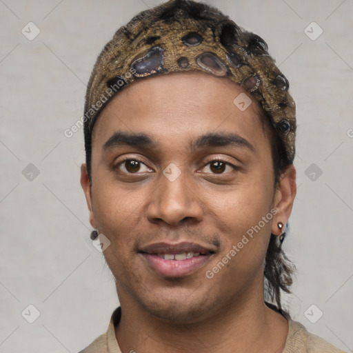 Joyful white young-adult male with short  black hair and brown eyes