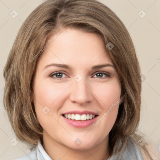 Joyful white young-adult female with medium  brown hair and green eyes