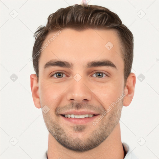 Joyful white young-adult male with short  brown hair and brown eyes