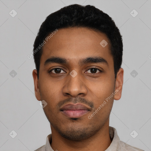 Neutral latino young-adult male with short  black hair and brown eyes