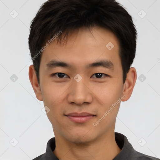 Neutral asian young-adult male with short  black hair and brown eyes