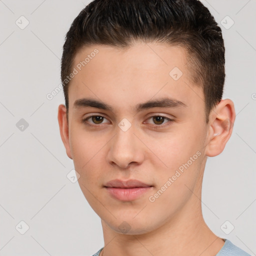 Neutral white young-adult male with short  brown hair and brown eyes