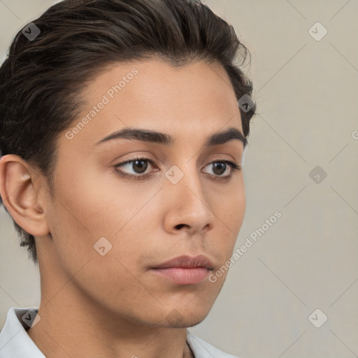 Neutral white young-adult female with short  brown hair and brown eyes