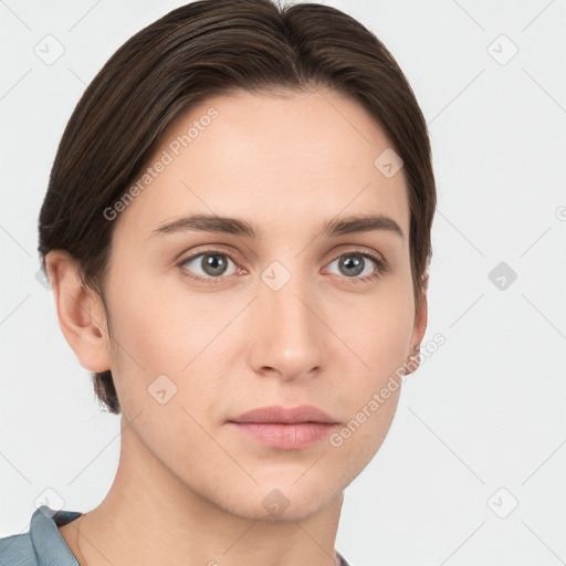 Neutral white young-adult female with short  brown hair and brown eyes