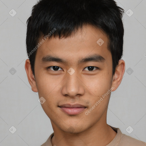 Neutral asian young-adult male with short  brown hair and brown eyes