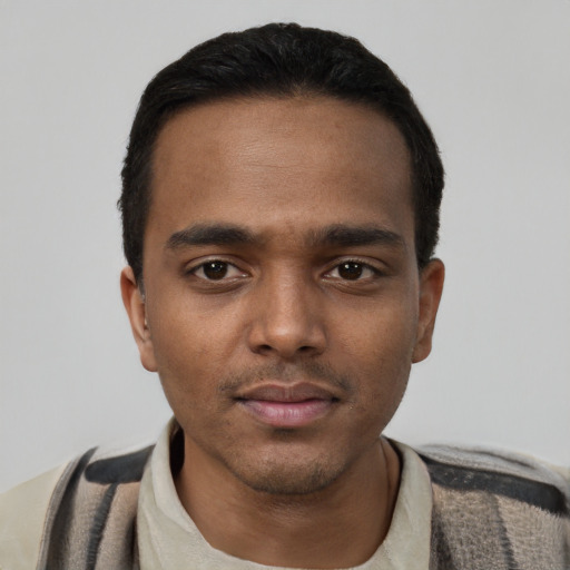 Neutral black young-adult male with short  black hair and brown eyes
