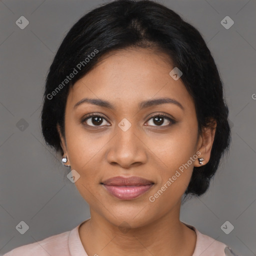 Joyful latino young-adult female with medium  black hair and brown eyes