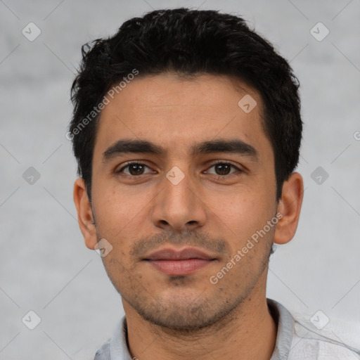 Neutral latino young-adult male with short  black hair and brown eyes