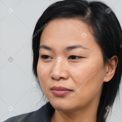 Joyful asian young-adult female with medium  black hair and brown eyes