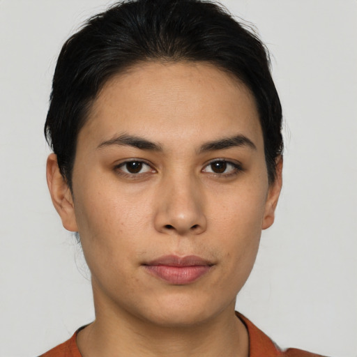 Neutral asian young-adult female with short  brown hair and brown eyes