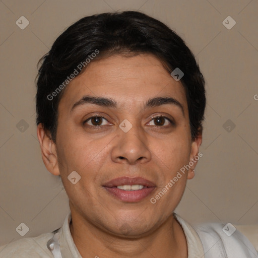 Joyful white adult female with short  brown hair and brown eyes