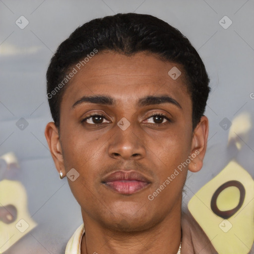 Neutral latino young-adult male with short  black hair and brown eyes