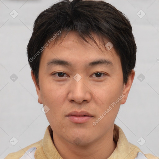 Neutral asian young-adult male with short  brown hair and brown eyes