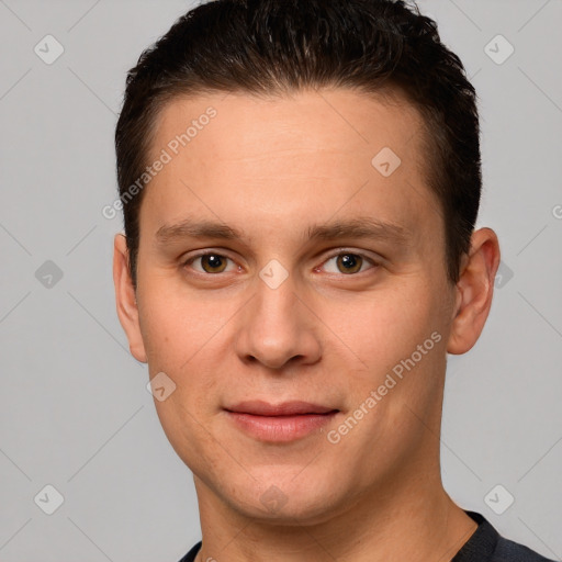 Joyful white young-adult male with short  brown hair and brown eyes