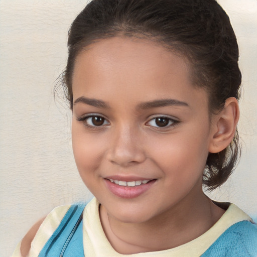 Joyful white child female with medium  brown hair and brown eyes