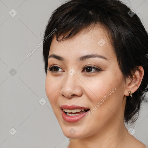 Joyful white young-adult female with medium  brown hair and brown eyes