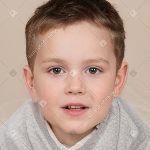 Joyful white child male with short  brown hair and brown eyes