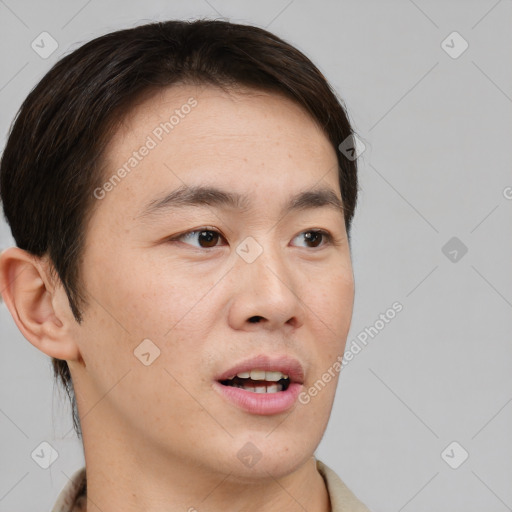 Neutral white young-adult male with short  brown hair and brown eyes