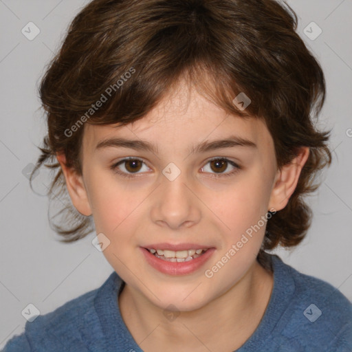 Joyful white child female with medium  brown hair and brown eyes