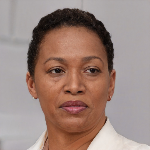 Neutral black adult female with short  brown hair and brown eyes