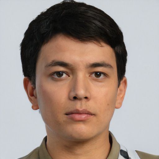Neutral asian young-adult male with short  black hair and brown eyes