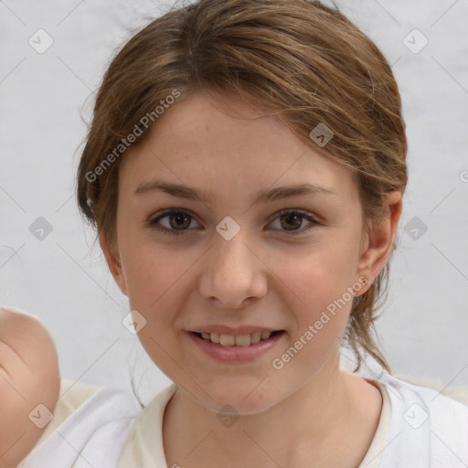 Joyful white child female with medium  brown hair and brown eyes