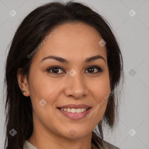 Joyful latino young-adult female with medium  brown hair and brown eyes