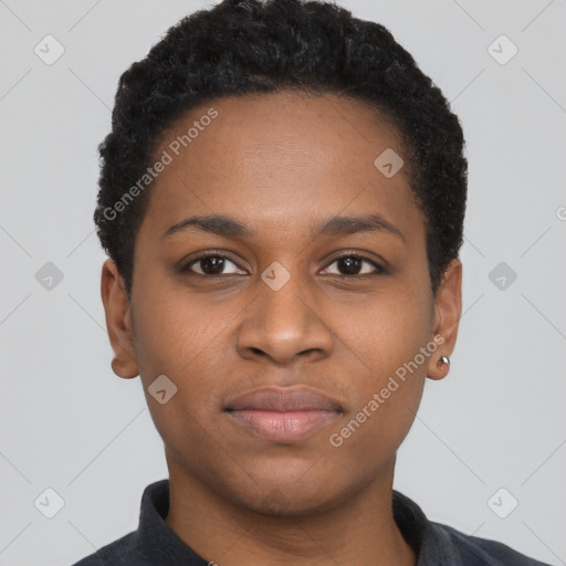 Neutral black young-adult female with short  black hair and brown eyes