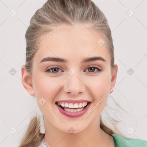 Joyful white young-adult female with medium  brown hair and blue eyes