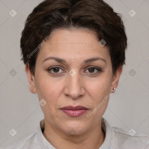 Joyful white adult female with short  brown hair and brown eyes