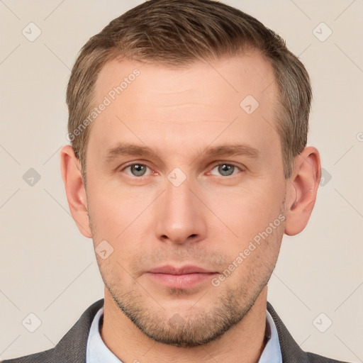 Neutral white young-adult male with short  brown hair and grey eyes