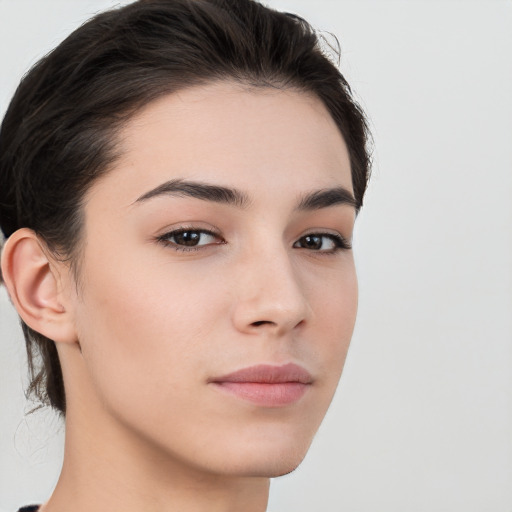 Neutral white young-adult female with medium  brown hair and brown eyes