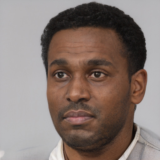 Neutral black young-adult male with short  black hair and brown eyes