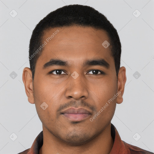 Neutral latino young-adult male with short  black hair and brown eyes