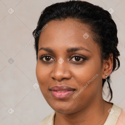 Joyful latino young-adult female with medium  black hair and brown eyes