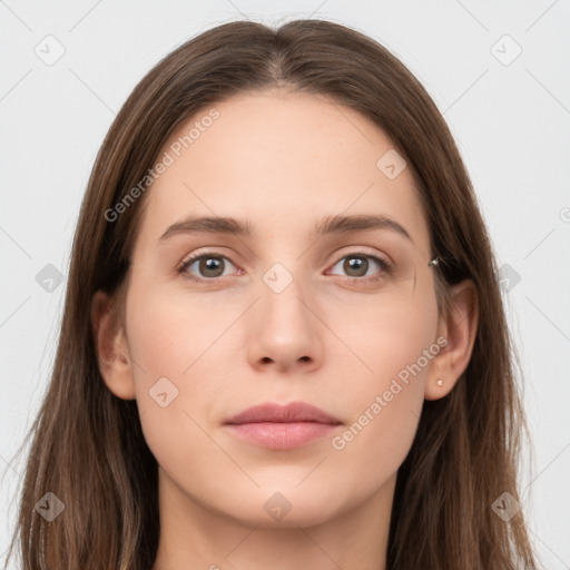 Neutral white young-adult female with long  brown hair and grey eyes