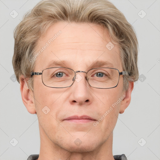 Neutral white middle-aged male with short  brown hair and grey eyes