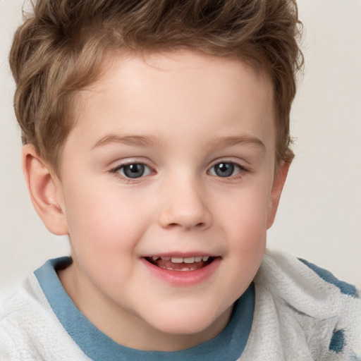 Joyful white child female with short  brown hair and grey eyes