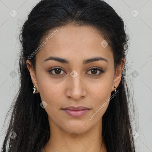 Joyful latino young-adult female with long  brown hair and brown eyes