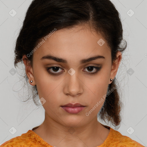 Neutral white young-adult female with medium  brown hair and brown eyes