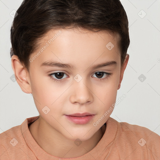 Joyful white child female with short  brown hair and brown eyes