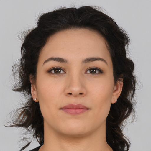 Neutral asian young-adult female with medium  brown hair and brown eyes