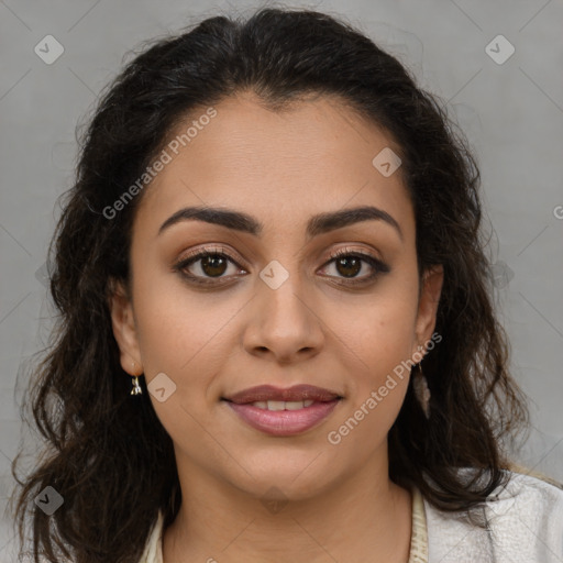 Joyful latino young-adult female with medium  brown hair and brown eyes